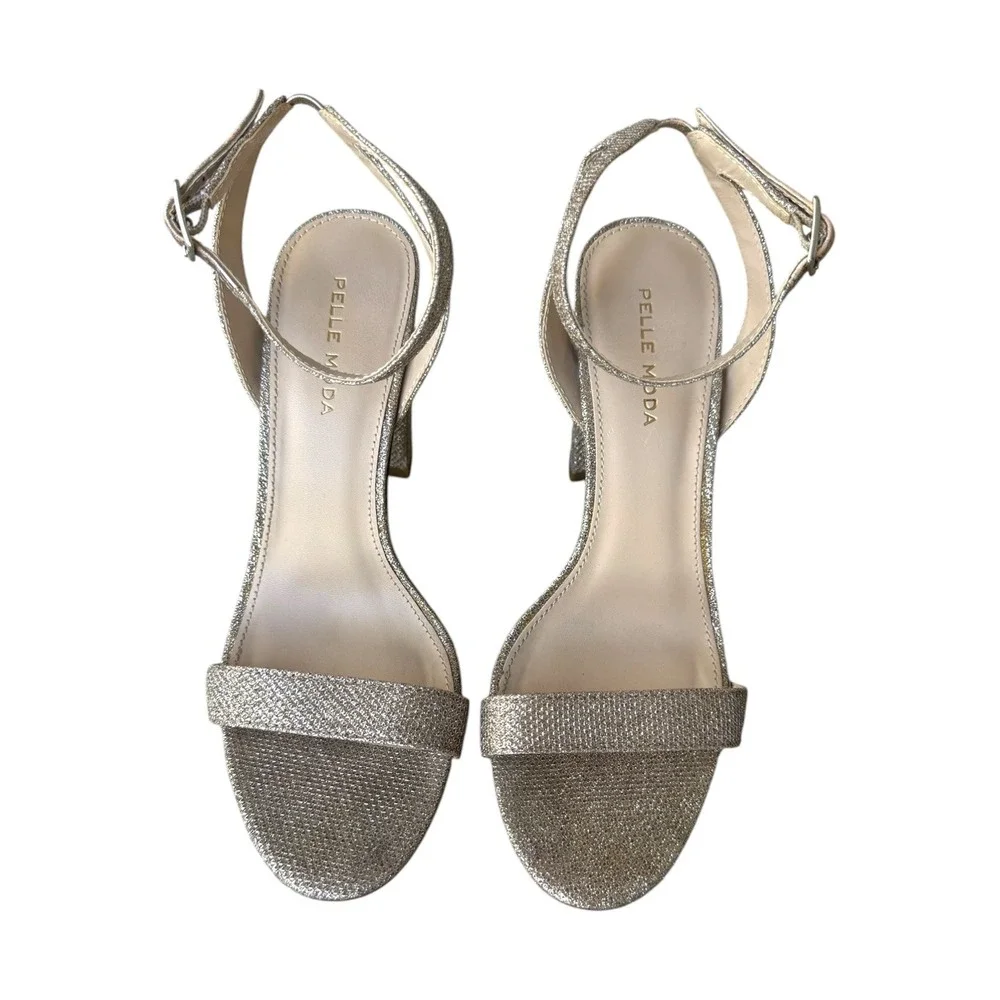 Pelle Moda Brynn Gold Glitter Heels Womens 8 Block Heel Strappy Sandals Cocktail